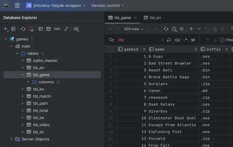 Screenshot out of JetBrains DataGrip showing a snippet of the upper right corner of the table "tbl_game". It's a filler image.
