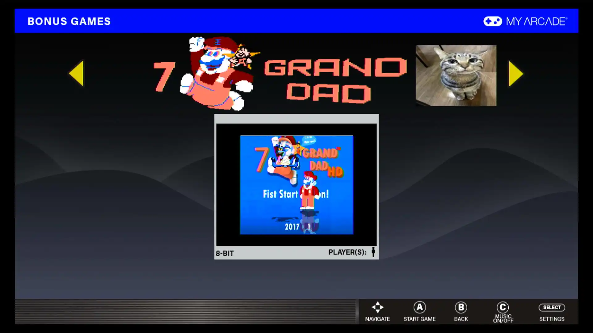 The preview screen for 7 GRAND DAD. The banner is slightly askew with a picture of a brown cat with a smug grin. On further inspection, the screenshot is actually not from the original game but rather a custom stage from fighting game Mugen.