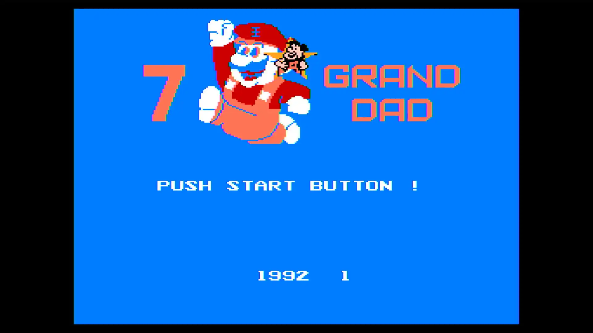 7 GRAND DAD title screen. It's mostly blue with the text "7 GRAND DAD" in orange. An odd looking Mario sprite with a bad color pallate is sandwiched between the "7" and "GRAND DAD". On his shoulder is a tiny sprite of Fred Flinstone who appears within a 5-pointed yellow star. Text below Mario and Fred reads "PUSH START BUTTON !" and "1992      1".