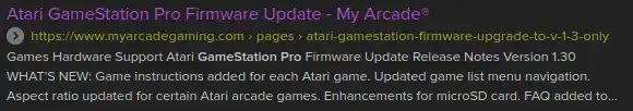 A DuckDuckGo search result titled "Atari GameStation Pro Firmware Update - My Arcade®"