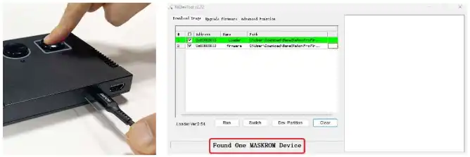 A screenshot taken from the PDF. It shows a hand powering on the unit while sticking a paperclip into the RESET hole on the back of the console. To the right is a screenshot of RKDevTool showing the flashing of updated firmware.