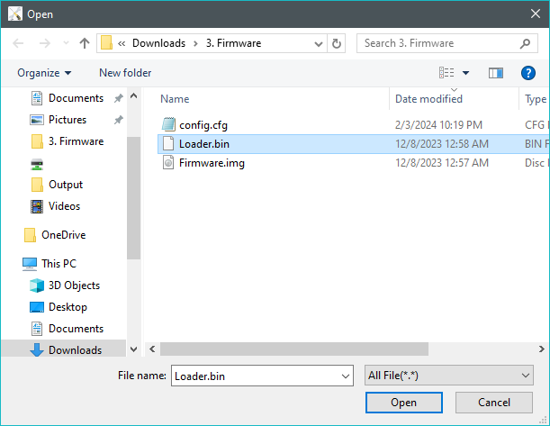 A Windows file picker dialouge with Loader.bin selected.