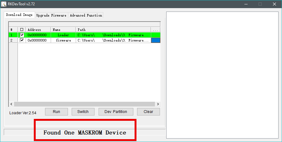 RKdevtool showing a device in MASKROM mode via text on the bottom.