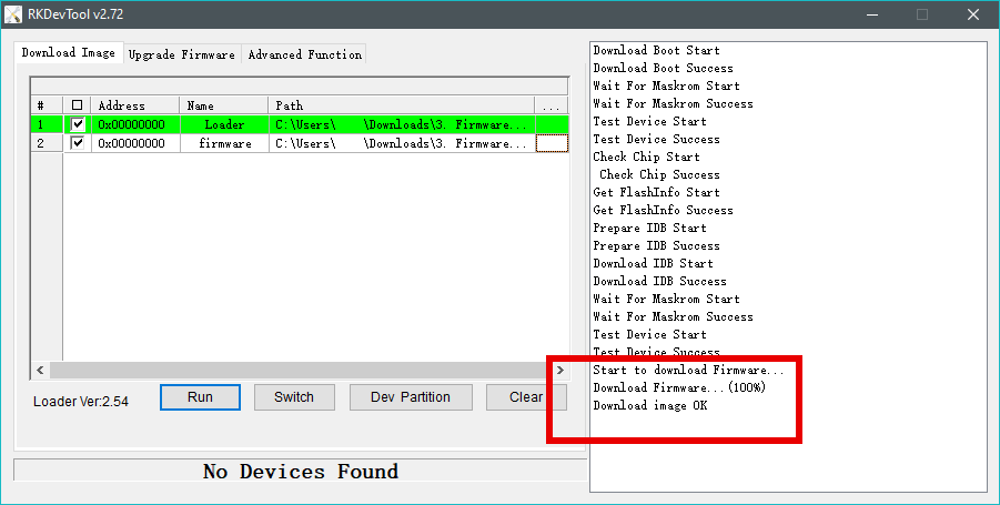 RKdevtool with the completed flash message highlighted.